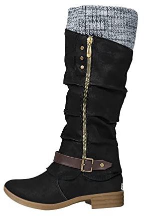 riou Stivali Donna Gambale Curvy Pianta Larga Stivali Donna Texani Alti Pelle Zeppa Morbidi Stivali Donna Alti Biker Boots Motociclista Stivaletti Fibbie Anfibi Scarponi Alti