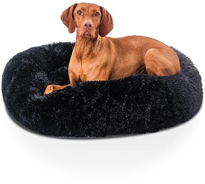 Woof & Whiskers Donut Dog Bed Black Large 80cm – Calming Plush Round Pet Bed for Dogs & Puppies | Anti-Anxiety Bed, Non-Slip Base, Soft, Machine Washable (Black, 80cm)