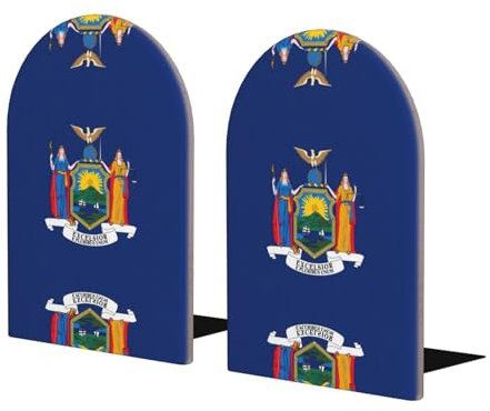 Buchstützen mit New York-Flagge, Holz-Buchstützen mit Metallsockel, stabile Buchhalter für schwere Bücher