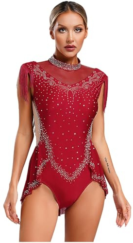 Agoky Damen Eiskunstlauf Kleid Ärmellos Rollkragen Ballettkleid Glitzer Strass Tanz Gymnastik Leotard Trikot mit Rock Fransen Eislaufen Bekleidung