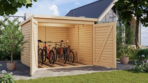 CHILLROI® Karibu Fahrradgarage aus nordischer Fichte für 4 Fahrräder – Wetterfest, 4,6 m² Grundfläche, in Natur oder terragrau optional mit Solaranlage (naturbelassen)