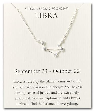 Philip Jones Libra Star Sign Zodiac Constellation Necklace and Quote Card with Zircondia® Crystals