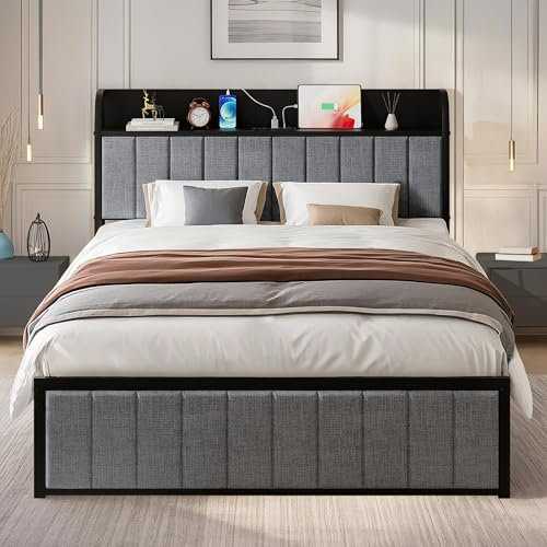 VECELO Polsterbett 140 x 200cm mit 2 Steckdosen und 2 USB-Anschlüssen, Doppelbett mit Kopfteil und Lattenrost, Gepolstertes Bettgestell mit Stauraum, für Schlafzimmer Gästezimmer, Grau
