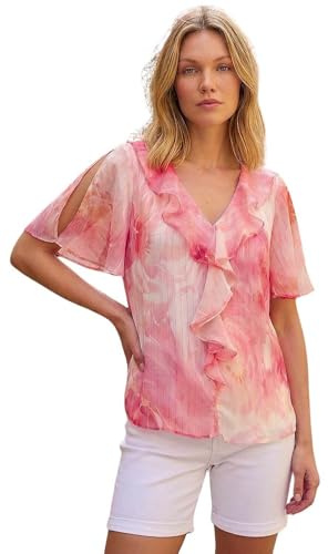 Roman Women Frill Front Vest Top Ladies Ruffle Blouse Summer Spring Special Occasion Evening Holiday Cruise Cocktail Party Short Long Sleeve Sleeveless V-Neck - Orange Floral - Size 16