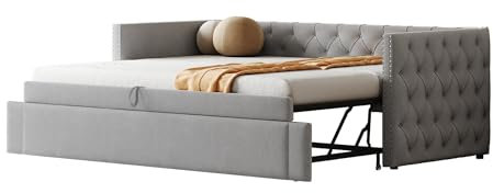 SogesPower 90x200 cm Schlafsofa Hellgrau mit Lattenrost, Elegantes Polsterbett mit Premium Samtstoff, Wandelt Sich vom Sofa zum komfortablen Bett
