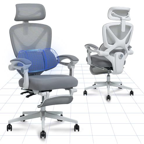 FLEXISPOT Ergonomischer Bürostuhl, X-förmiger Schreibtischstuhl mit 135°-Neigung, Gekoppelte Armlehnen mit zonenweise Einstellbarer Lendenstütze, Drehstuhl mit Fußstütze, 3D-Kopfstütze, Weiß-Grau