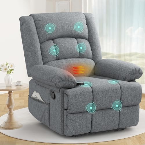 sisolos Recliner Armchair for Adults, Recliner Chair with Massage & Heat, Padded Armrest Adjustable Legrest Backrest, Manual Reclining Chair for Living Room Sofa Chair with 2 Side Pockets