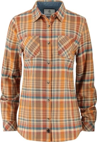 Legendary Whitetails Womens Cottage Escape Flannel Long Sleeve Plaid and Solid Color Clothes, Fitted Button Down, Hayride Wagon Plaid, L