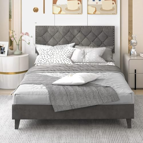 FANTASK Plattformbett mit Lattenrost, Kopfteil & Bettrahmen, Polsterbett, Plattformbett, bis 450 kg belastbar für Erwachsene & Jugendliche, 200 x 140 cm, Grau