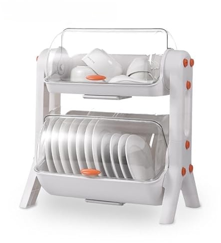 LSQCSN 2 Tier Dish Drainer Rack, Kitchen Sink Dish Rack with Cup Holder, Utensil Holder, Sink Drainer Rack Draining Household Box with Lid Cupboard for Kitchen Counter (White,two layers)