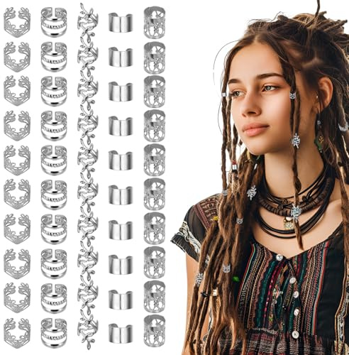 LXUEJIE 50 PCS Silver Hair Jewelry for Braids Accessories, 5 Styles Hair Cuffs for Braids Loc Jewelry for Dreadlocks Adjustable Rings Braid Clips for Men Women