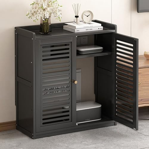 XCLOOZGL Bambus WLAN-Router-Aufbewahrungsschrank Stand-Router-Aufbewahrungsbox Freistehender WiFi-Geräte Schrank-Organizer Versteckter Schrank Für Zuhause Und Büro,Schwarz,59 * 25 * 67cm