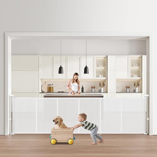 VEVOR Retractable Baby Gate, 870 mm Tall, Extends up to 2800 mm Wide, Retractable Gate for Kids or Pets, Mesh Material, Easy to Install for Indoor Stairs, Doorways, Hallways, Playrooms, White