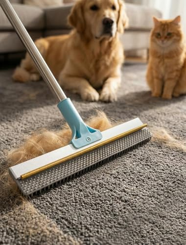 Carpet Rake for Pet Hair Removal: DELOMO Carpet Scraper Broom with 54” Adjustable Long Handle, Dual-Sided, Metal + Short Silicone for Carpets & Rugs, Extended Silicone for Shag Rugs & Hard Floors