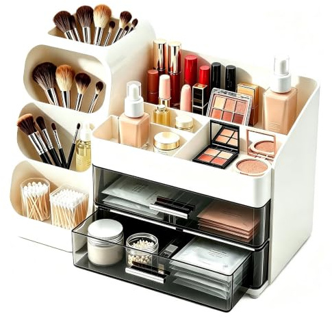 HuaCommerce Großer Makeup Kosmetik Organizer mit Schubladen – 3-in-1 Aufbewahrungsbox für Pinsel & Kosmetik, stylischer weißer Aufbewahrungskasten für Ordnung und Stauraum auf dem Schminktisch