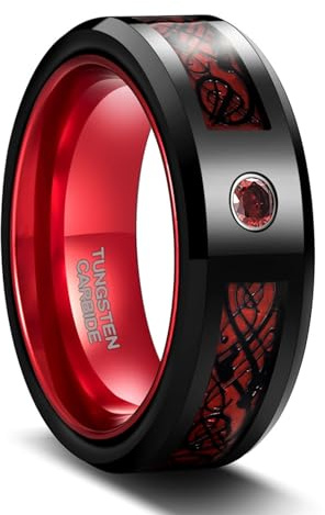 Ayoiow Tungsten Eheringe Schwarz für Damen Herren, Kohlefaser-Einlage Verlobungsring Wolfram für Ihn Wolframstahl Kubisches Zirkonia Rot Größe 66 (21.0)