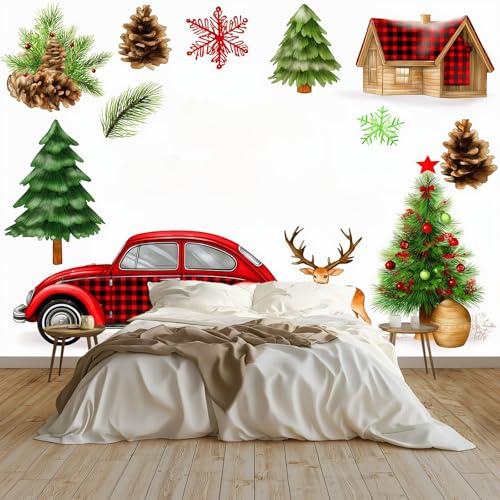 Vlies Fototapete Cartoon Festlich Auto Tanne Rentier Holzhütte 250 x 175 cm - Fototapeten - Tapeten - für Wohnzimmer Schlafzimmer Esszimmer - Reinweiß Vliestapete Wandtapete Tapete 3D Effekt