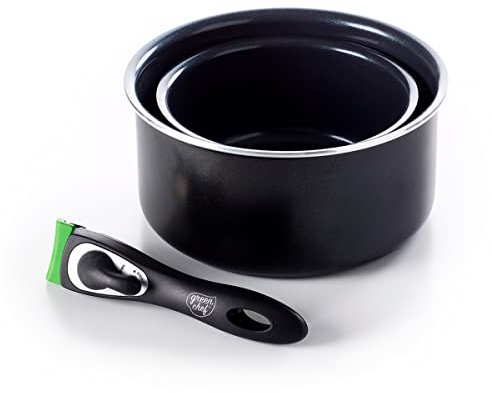 GreenChef ClickPan keramische Antihaft, 3-teiliges Kochgeschirr-Set, 16cm/1,6l & 20cm/3,1l Stielkasserollen mit abnehmbarem Griff, PFAS-frei,Vielseitig,Platzsparend,Induktion,Spülmaschinenfest,Schwarz