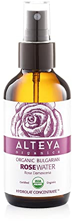 Alteya Bio Rosenwasser Spray in Glasflasche 120ml- 100% USDA Organic-zertifiziert Rein Natürlich Wasserdampfdestilliertes Blütenwasser aus Damaszener Rosen, Direktverkauf vom Alteya Organics