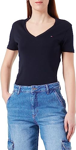 Tommy Hilfiger Mujer Camiseta Manga Corta Slim Cody Cuello de Pico, Azul (Desert Sky), S