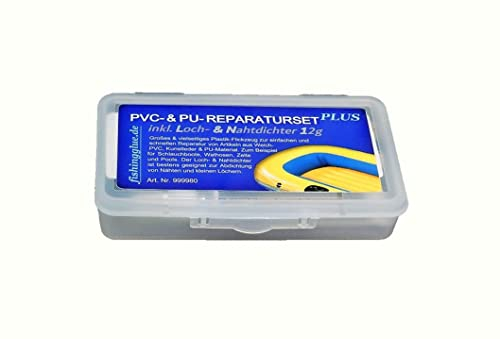fishingglue.de PVC-& PU-Reparaturset Plus, inkl. Loch-& Naht-Dichter (flüssig PVC) Wasser-& UV-beständig für Schlauchboot, Zelt, Pool, Plane, Markise, Isomatte, Luftmatratze bis 60°C wärmestabil
