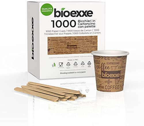 bioexxe Kit Completo 1000 Pz Bicchierini Caffè Carta 75ml + 1000 Pz Palette Caffe Monouso Ecologici Biodegradabili e Monouso - Bicchieri caffe espresso usa e getta Sostenibili