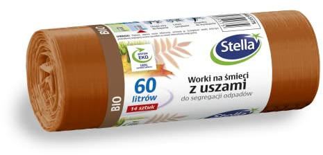 Stella 035175 Lot de 14 sacs poubelle avec anses pour le tri sélectif bio | 60 l | Sacs poubelle pour les déchets ménagers et le bureau en film granulé LDPE épais, couleur : marron