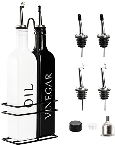 Tebery 2 Pack Oil and Vinegar Dispenser Set with Caddy Holder, 17oz Black & White Olive Oil Dispenser Bottle, Cute Modern Vintage Glass Cruet for Kitchen