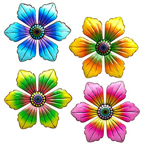 SUNNEKO Flower Wall Art Decoration Ornaments Indoor Outdoor Garden Yard Wall Hanging Sheds Walls Fences, Set of 4Pcs