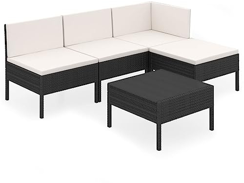 vidaXL Gartenmöbel 5-TLG. mit Auflagen Tisch Fußhocker Mittelsofa Ecksofa Sitzgruppe Lounge Sofa Garten Garnitur Gartenset Gartensofa Poly Rattan Schwarz