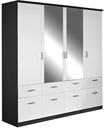 Möbel Jack Kleiderschrank mit Spiegeltüren - 4-türig - 8 Schubladen - 181 x 199 cm - Alpinweiß - Grau metallic - Drehtürenschrank Schlafzimmerschrank