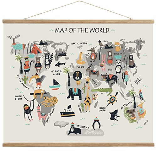 AnairsMo Tierweltkarte zum Aufhängen, Leinwand-Kunst, Kinderwand, Babyzimmer, Tiere der Welt, Poster für Kinderbildung, 61 x 45,7 cm, fertig zum Aufhängen