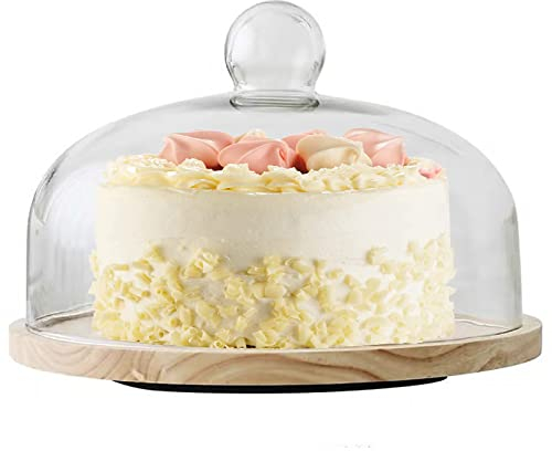 OLAMASA Holz Tortenplatte und Glas Glocke mit Fuß Und Haube Glasglocke Käse-Brett aus Holz Handgefertigtes Bleifrei Klarglas Käseglocke für Bäcker in Backen Bäckerei Kekse Gebäck (A 26cm/10.23in)