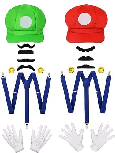 OWOAOOwl 2Stücke Hut Kappen Schnurrbärte Handschuhe Knöpfe Hosenträger Cosplay Kostüm Zubehör,Erwachsene Karneval Kostüm Mütze Hut,Faschingkostüme Mottoparty Halloween, für Kinder Damen Herren