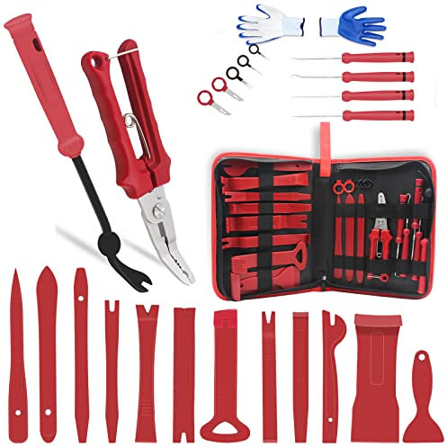 Auto Trim Removal Tool Kit, Wetado Car Panel Door Audio Trim Removal Tool Kit, 25 Pack Fastener Remover Pry Tool Set with Storage Bag for Removal of Car Door Clip Panels Fasteners (Red)