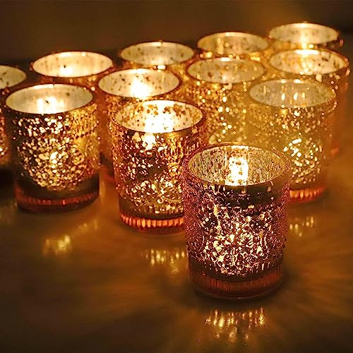 Vohocandle Portavelas Dorado, Juego de 12 portavelas de Cristal, Paquete Grande para el Centro de Mesa en Bodas, portavelas de Cristal de Mercurio (5,5 x 6,5 cm, Ancho x Alto)