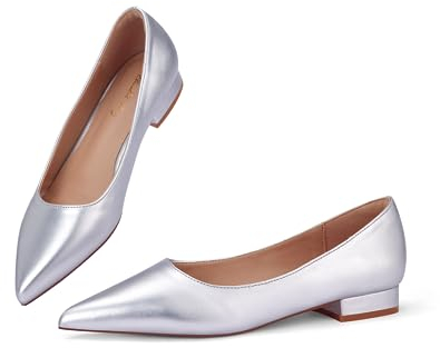 Zhabtuc Flache Ballerinas für Damen Schuh mit Spitzer Zehenpartie Elegante Slip-on Schuhe mit Niedriger Absatz Hochzeitsschuhe Arbeitsschuhe Business-Schuhe, Silber, 38.5 EU