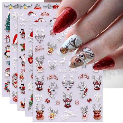 3D Christmas Nail Stickers, 6 Sheets 5D Self-Adhesive Embossed Nail Decal Elk Snowflakes Nail Art Decoration Design Supplies