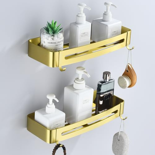 HNVNER Estante Ducha Dorado, Estanteria Baño Sin Taladro en Metal Estanteria de Ducha Organizador Adhesivo Balda Ducha para Champús (2 Piezas)