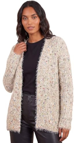 Roman Women Fluffy Cardigan Ladies Winter Cardi Longline Edge to Edge Ombre Coatigan Casual Sparkly Glittery Jacket Knitwear Knitted Autumn Fleecy Cosy Soft Coats - Ivory Multi - Size 12
