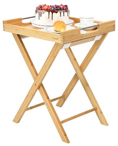 GOPLUS Mesa de servicio plegable de bambú, mesa auxiliar portátil con bandeja de servicio extraíble, asas prácticas de acero inoxidable, para dormitorio, sala de estar, cocina, carga 10 kg