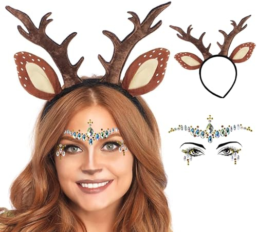 Herbst Rentier Haarreif mit Ohren, Karneval Kostüm Damen Mädchen Reh kostüm Kopfschmuck Haarreifen mit Gesichtstattoo für Karneval Fasching Halloween Party Kostüm