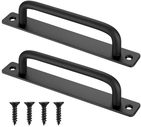 Sliding Door Handles, 2 Pcs Pull Push Door Handles, Stainless Steel Barn Cabinet Door Pull Handles, Silver Kitchen Cupboard Shed Gate Garden Garage Door Sliding Handles with Metal Plates (black)