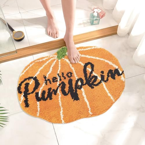 JarThenaAMCS Herbst-Hello-Kürbis-Badematte, Halloween, niedlich, saugfähig, rutschfest, Orange, Duschvorleger für Herbst, Erntedankfest, Zuhause, Küche, Eingang, Schlafzimmer, Türdekoration, 49 x 23,6