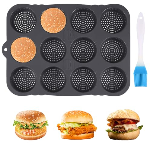 Molde de Silicona para Hamburguesa, 12 cavidades, Ø8cm Molde para Pan, Antiadherente, Reutilizable Molde de Silicona Redondo con Cepillo de Aceite Azul, para Hamburguesas Pan Panecillos y Hojaldres