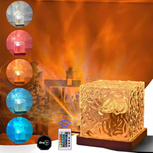 Zhongkaifa Lampada a onde d'acqua, proiettore galassia con effetti dinamici rotanti a 16 colori con onde oceaniche e base in legno, telecomando per illuminazione visiva romantica, proiettore da