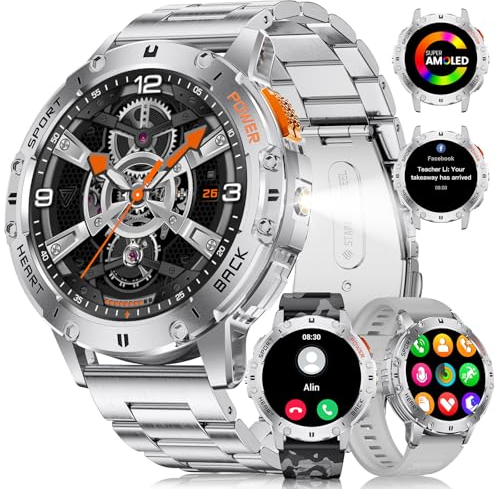 DREMAC Smartwatch Herren Militär,530 mAh Akku/1,43'' Amoled-Sportuhr mit Taschenlampe/3 Armbänders,120+ Sportmodi,IP68 Wasserdicht Fitnessuhr mit 24/7 Herzfrequenz,Schlafmonitor für Android iOS,Silber