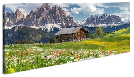 Leinwandbild Chalet inmitten blühender Wiesen, umgeben von den Gipfeln der Alpen. Panorama Format: 60x30 cm XXL Kunstdruck Bild auf Keilrahmen/Wandbild/Wohnzimmer Deko
