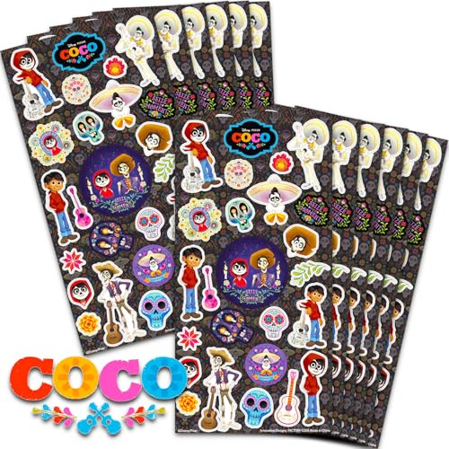 Disney Kokos-Aufkleber, Partyzubehör für Jungen und Mädchen, 12 Stück | Disney Coco Aufkleberbögen für Kindergeburtstag, Party-Tüten, Halloween-Trick- oder Leckerei-Handouts, Kokos-Partyzubehör