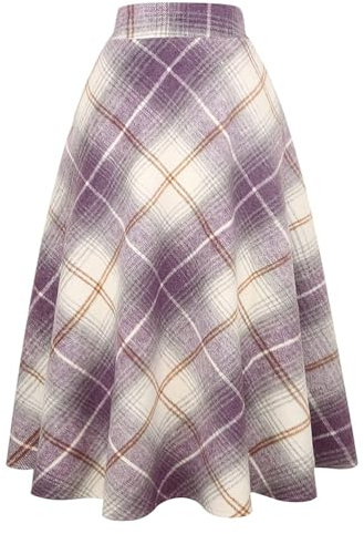 Gonna Lunga in Lana Scozzese per Donna Inverno Autunno Caldo Alto Elastico in Vita Una Linea Svasata Plissettata in Lana Tartan gonne, Viola, L